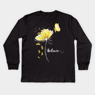 Womens Believe Flower-Butterfly Childhood Cancers Kids Long Sleeve T-Shirt